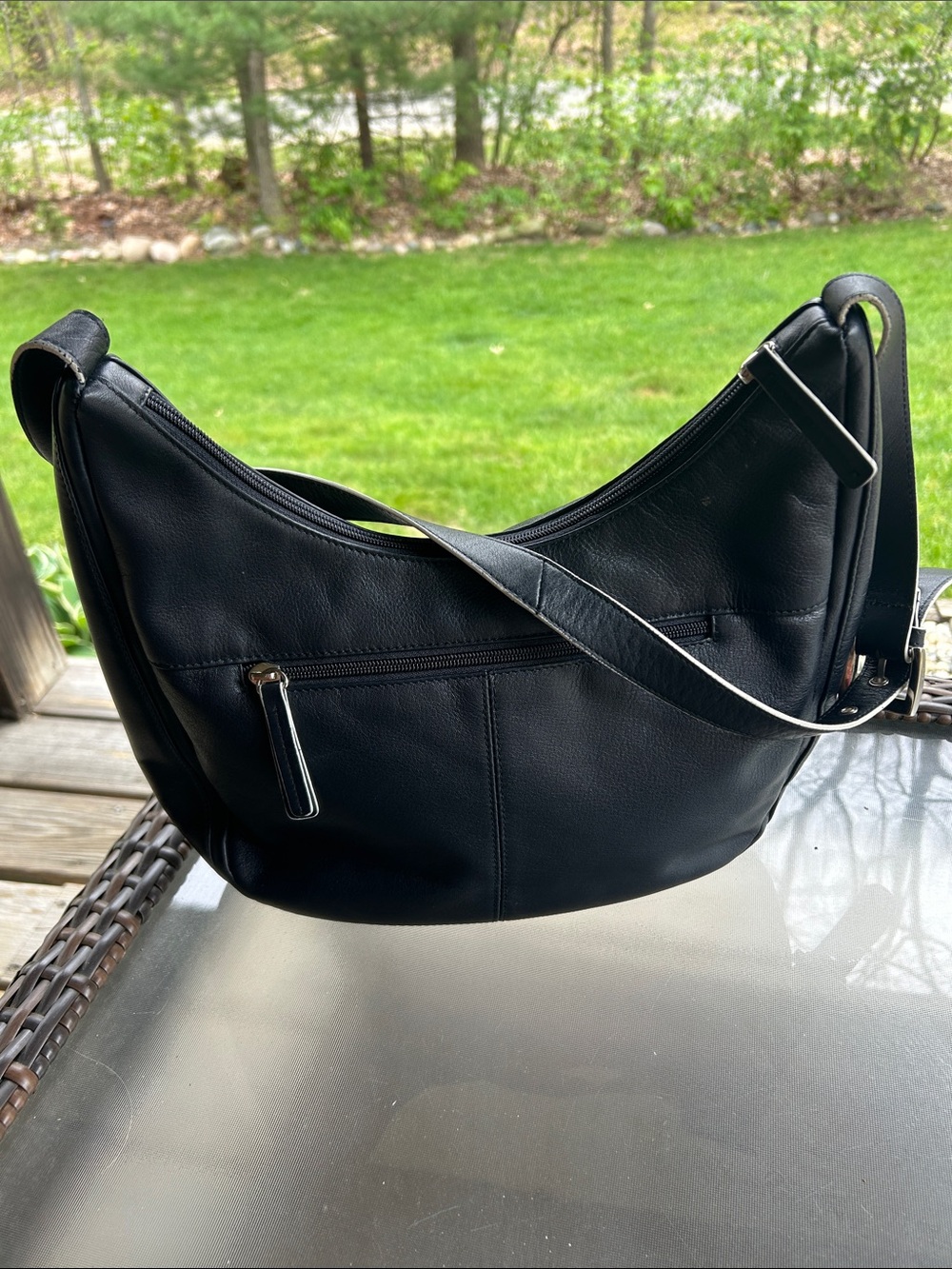 Laura Ashley Black Faux Leather Crossbody Hobo Bag with White Trim